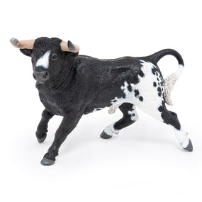 Figurine Taureau espangol noir et blanc Papo en PVC, Collection Vie à la ferme, jouet éducatif idéal pour enfants et collectionneurs